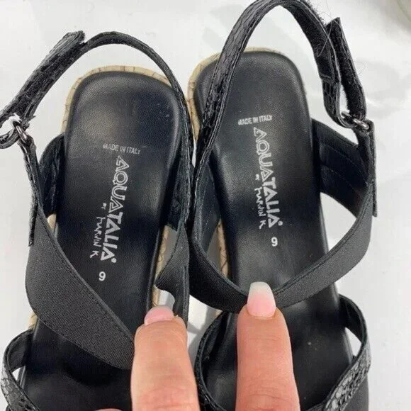Aquatalia Womens Neve Sandal Size 9 Black Leather Snakeskin Wedge Heel Platform - Picture 11 of 11